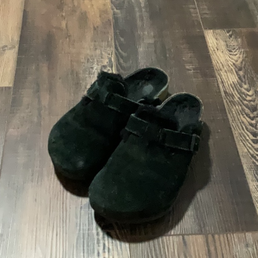 Black Suede Fuzzy Birkenstock Clogs